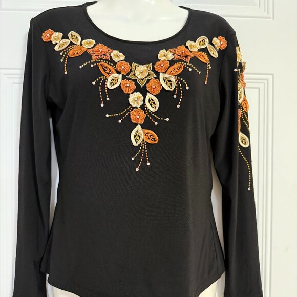 Marquiza Collection Black Long Sleeve Blouse Embroidered Floral Fall Design Boho - Picture 2 of 8